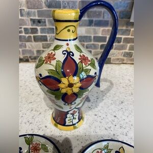 Pier 1 Valallarta Olive Oil Cruet Set inc & 2 Dipping Bowls. Cork not enclosed.